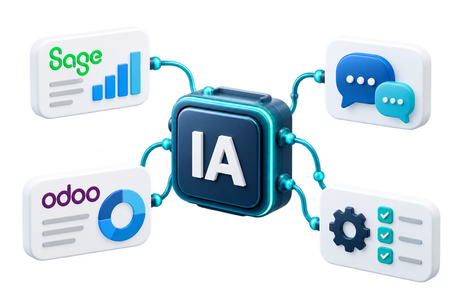 Illustration d’un processeur IA connecté à Sage, Odoo, un chatbot et des processus automatisés
