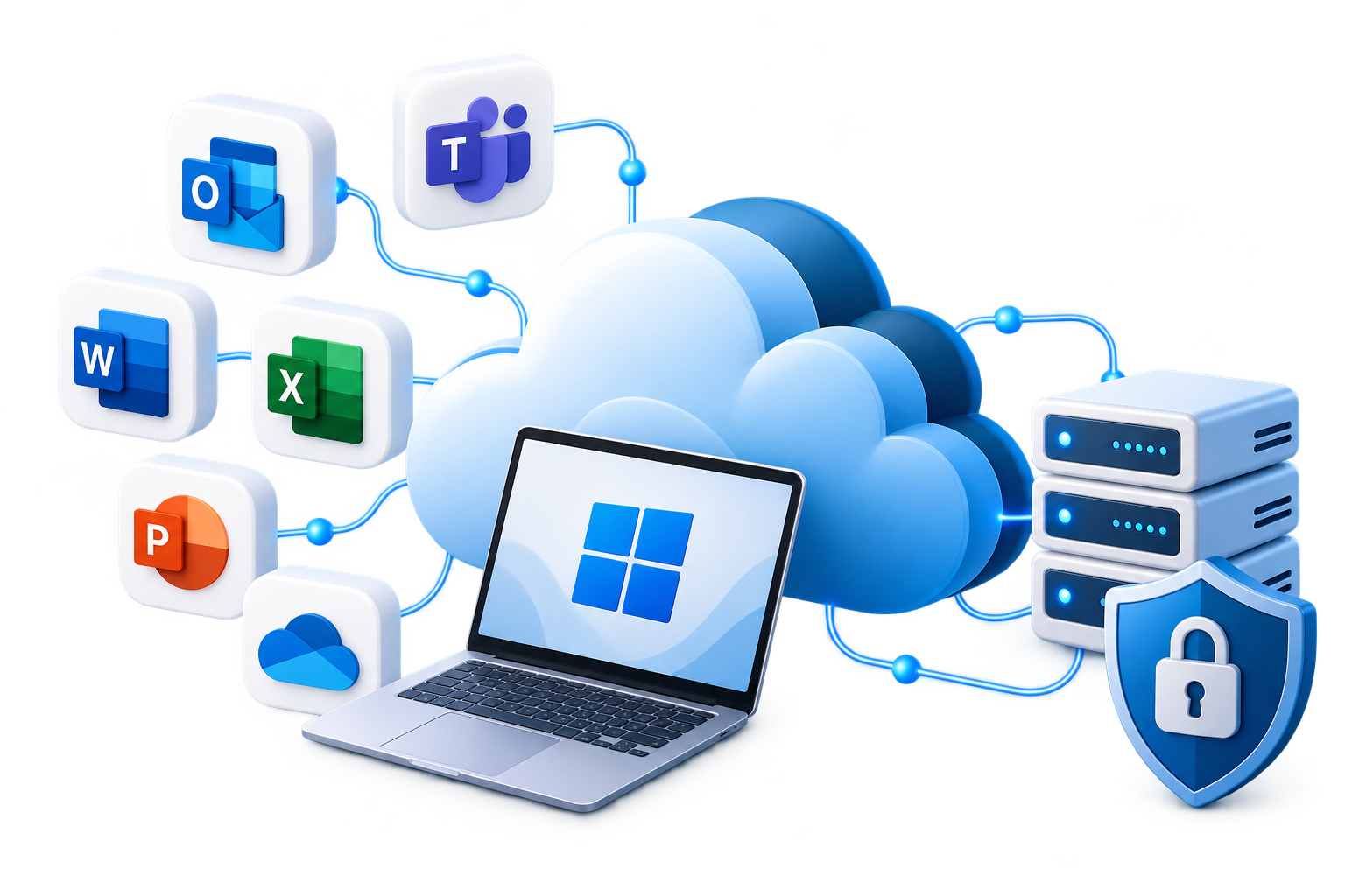 Illustration des applications Microsoft connectées au cloud, à une infrastructure et à des outils de sécurité