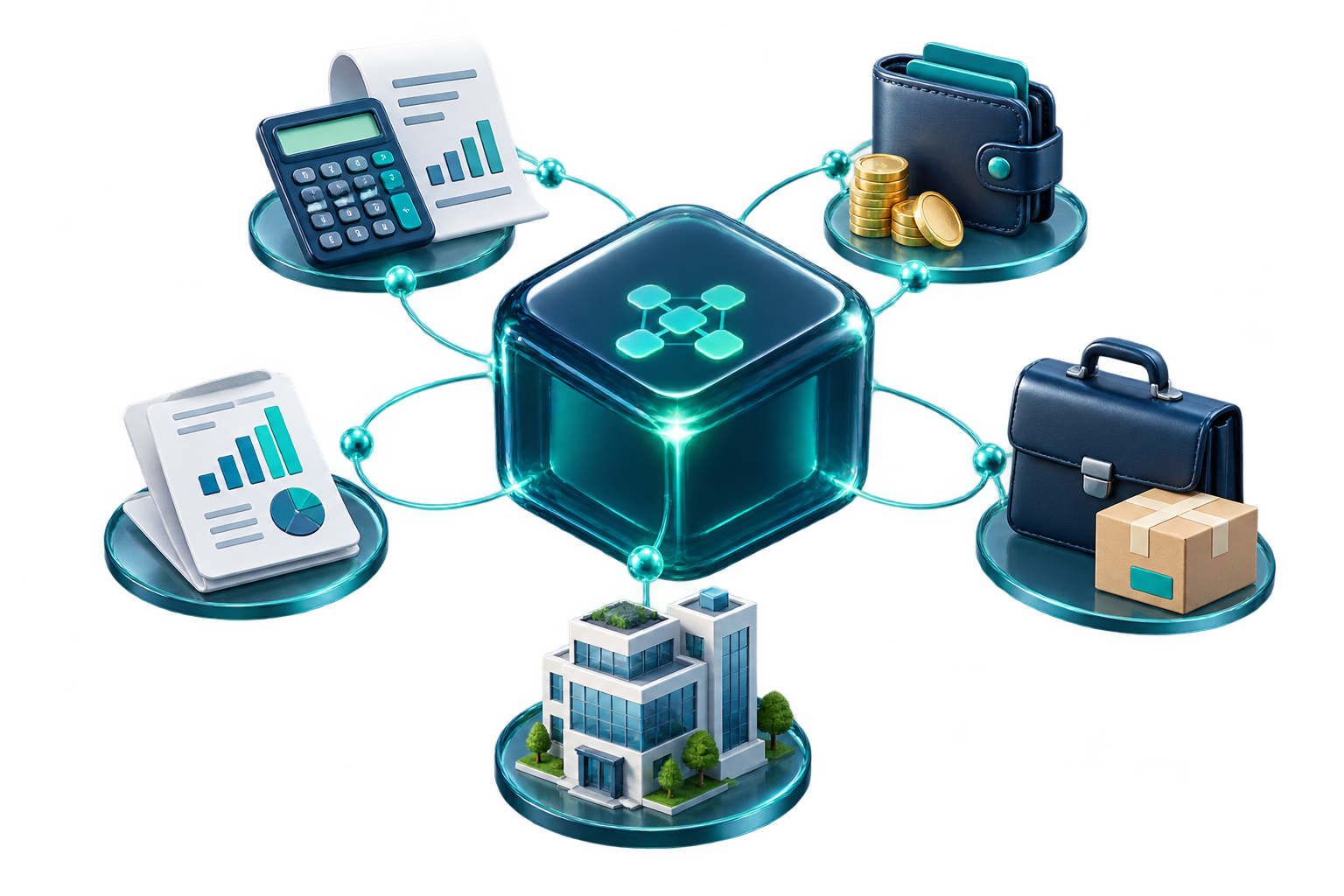 Illustration 3D d’un cube ERP relié aux activités de gestion, finance et logistique